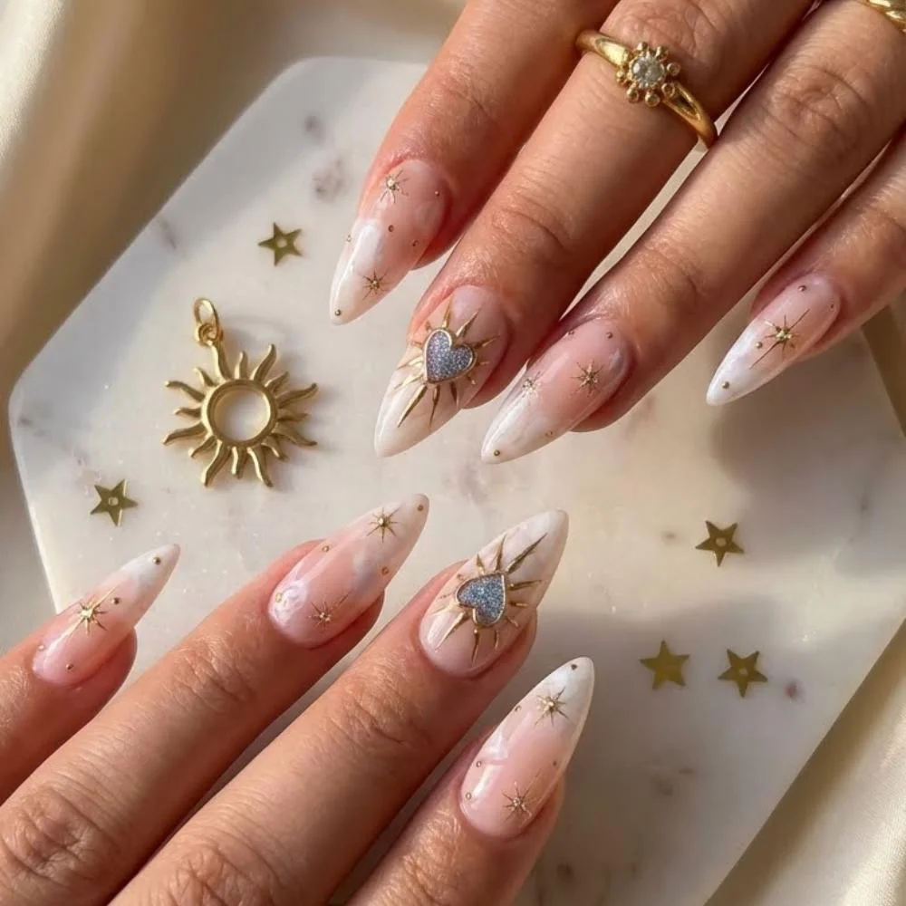 ombre celestial, false nail set, press on nails, custom press on nails, fake nails, Nails Art, stained glass nails, gold press on nails, 3d press on nails, luxury press on nails, handmade press on nails