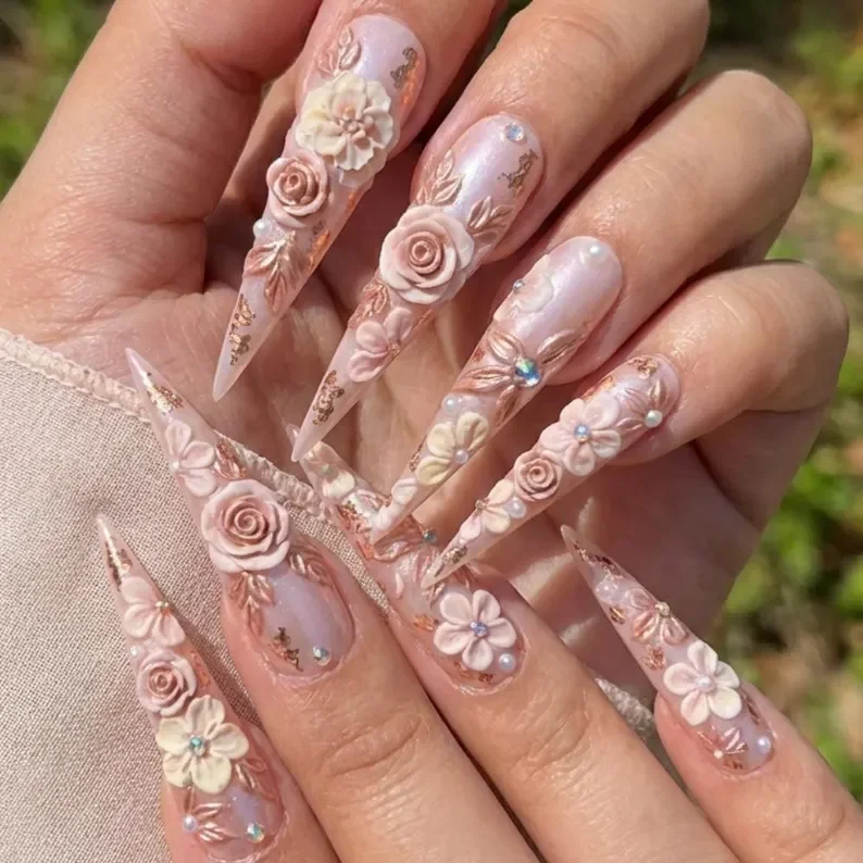handmade botanical nails, sculpted floral press, press on nails, custom press on nails, fake nails, Nails Art, stained glass nails, gold press on nails, 3d press on nails, luxury press on nails, handmade press on nails