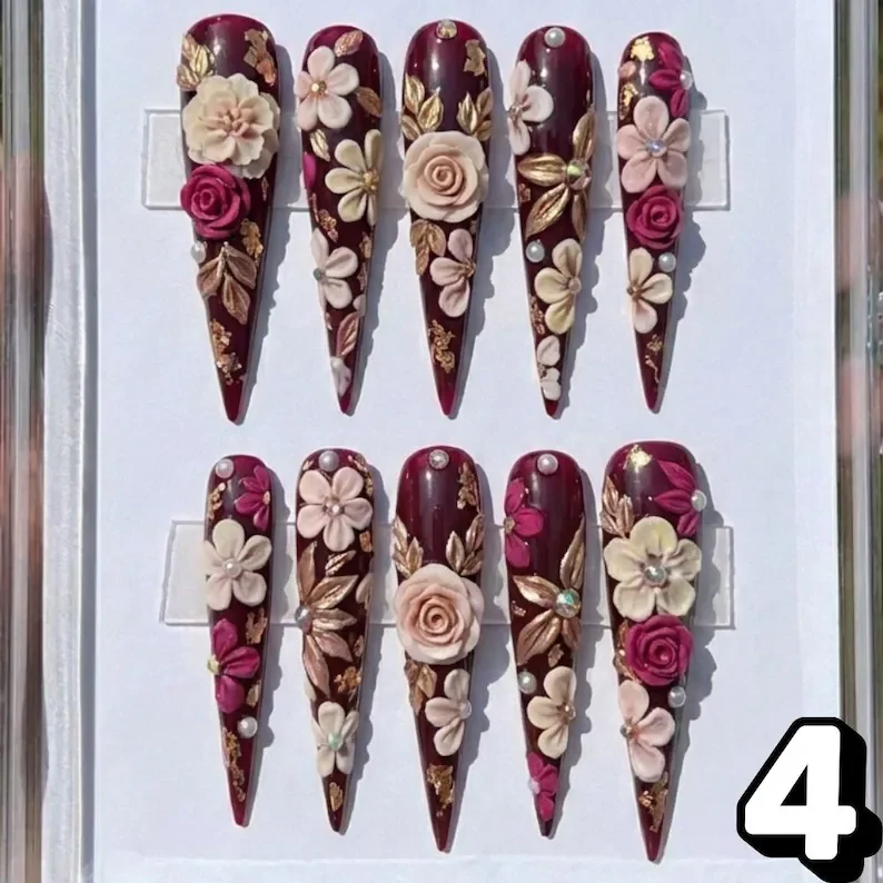 relief art nails, floral relief design, press on nails, custom press on nails, fake nails, Nails Art, stained glass nails, gold press on nails, 3d press on nails, luxury press on nails, handmade press on nails