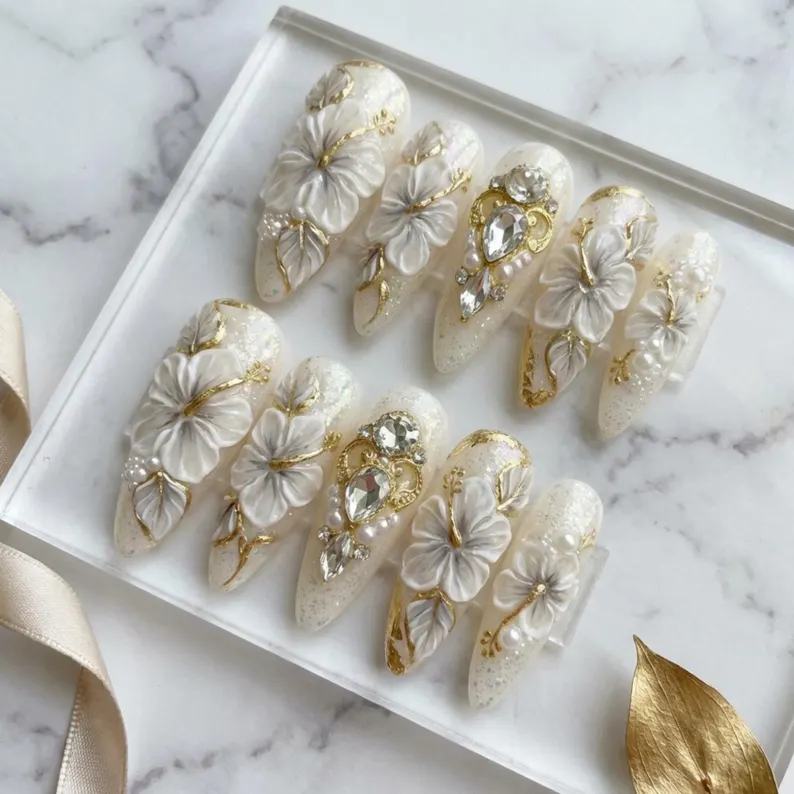 sculpted hibiscus, wedding nail art, press on nails, custom press on nails, fake nails, Nails Art, stained glass nails, gold press on nails, 3d press on nails, luxury press on nails, handmade press on nails