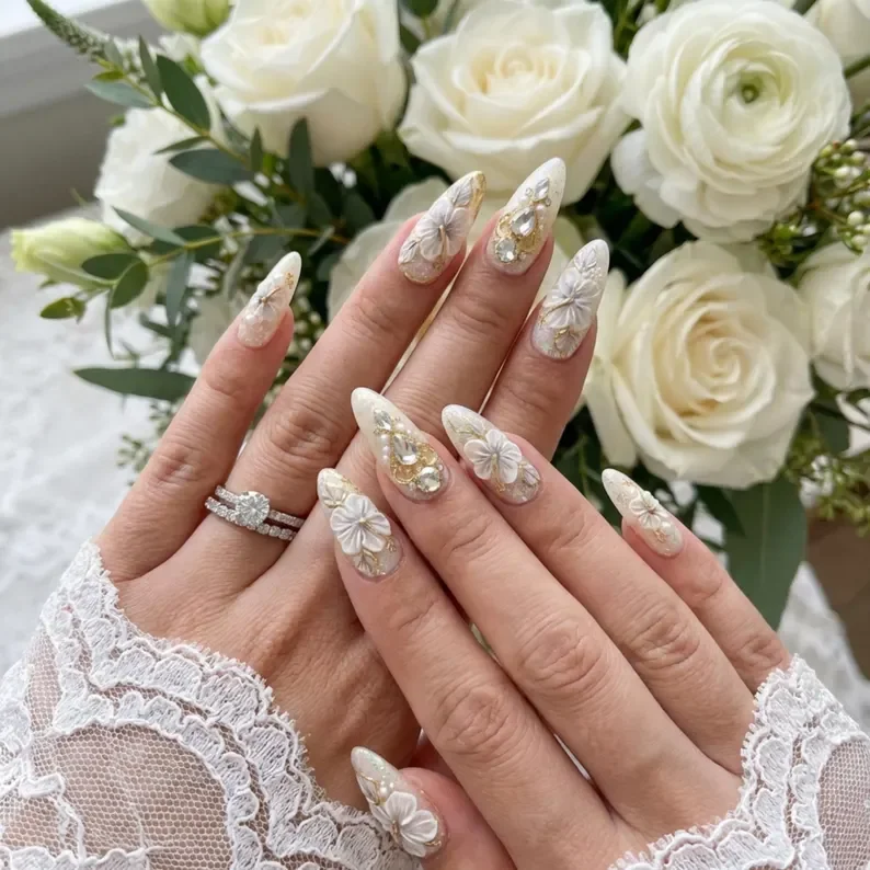 sculpted hibiscus, wedding nail art, press on nails, custom press on nails, fake nails, Nails Art, stained glass nails, gold press on nails, 3d press on nails, luxury press on nails, handmade press on nails