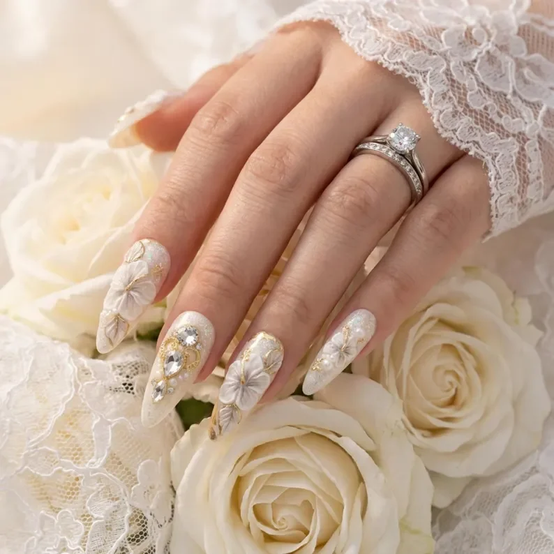Swarovski nail art, bridal opulence, press on nails, custom press on nails, fake nails, Nails Art, stained glass nails, gold press on nails, 3d press on nails, luxury press on nails, handmade press on nails