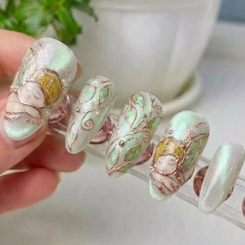 handmade press on nails, cherub nail art, press on nails, custom press on nails, fake nails, Nails Art, stained glass nails, gold press on nails, 3d press on nails, luxury press on nails