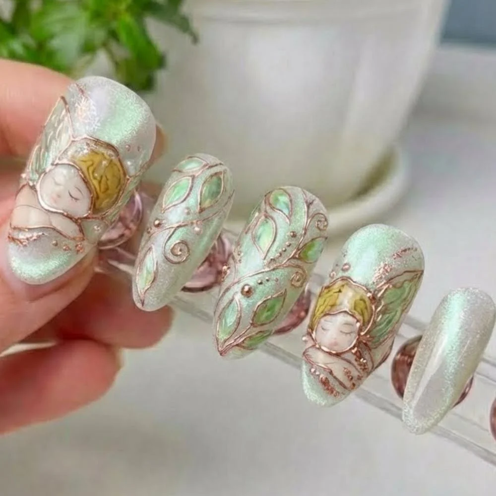 handmade press on nails, cherub nail art, press on nails, custom press on nails, fake nails, Nails Art, stained glass nails, gold press on nails, 3d press on nails, luxury press on nails