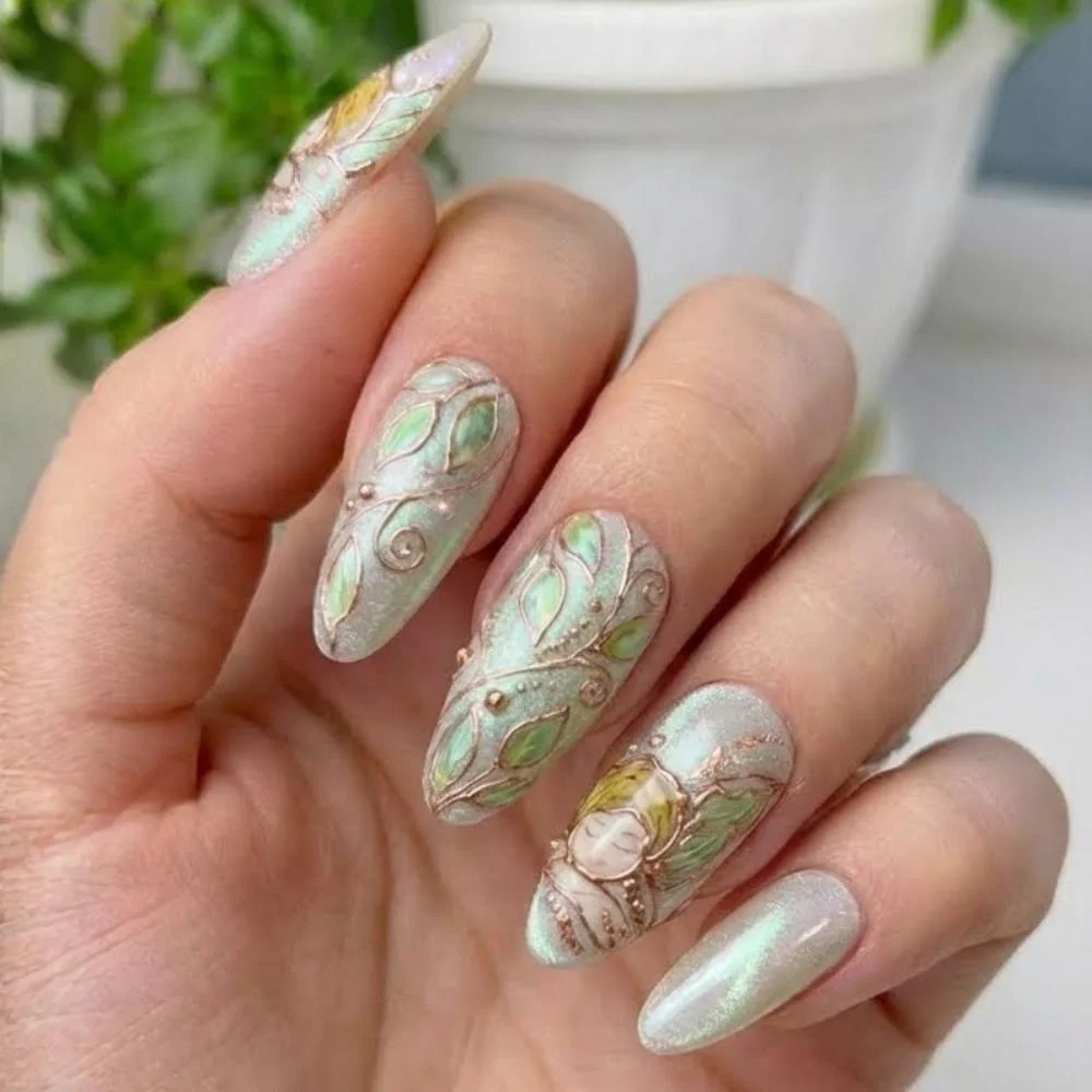 sage green nails, cat eye nails, press on nails, custom press on nails, fake nails, Nails Art, stained glass nails, gold press on nails, 3d press on nails, luxury press on nails, handmade press on nails