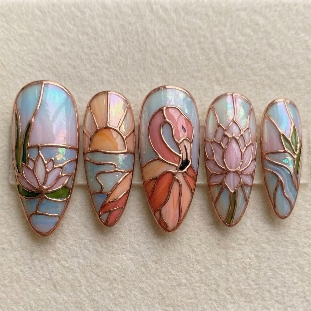 handmade flamingo, flamingo sunset, press on nails, custom press on nails, fake nails, Nails Art, stained glass nails, gold press on nails, 3d press on nails, luxury press on nails, handmade press on nails