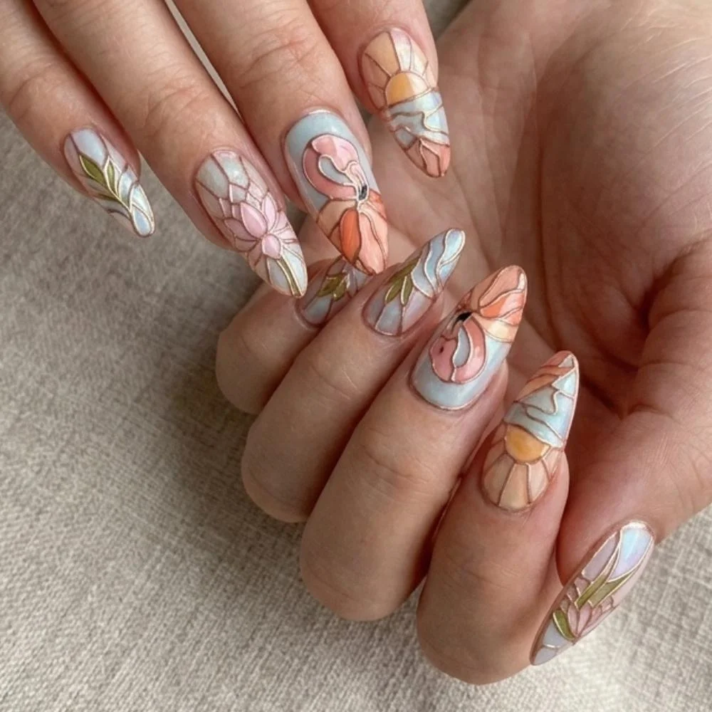 rose gold nails, tropical art, press on nails, custom press on nails, fake nails, Nails Art, stained glass nails, gold press on nails, 3d press on nails, luxury press on nails, handmade press on nails