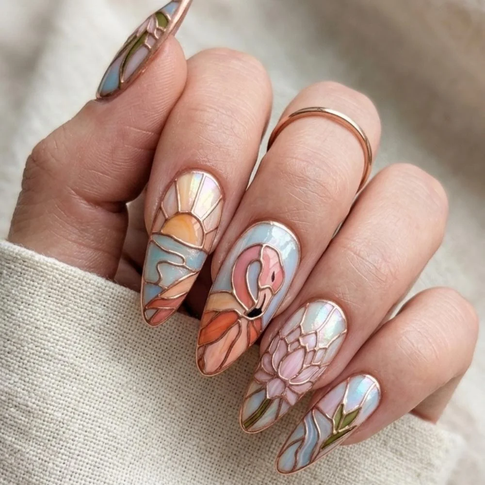 tropical nails, sunset nails, press on nails, custom press on nails, fake nails, Nails Art, stained glass nails, gold press on nails, 3d press on nails, luxury press on nails, handmade press on nails