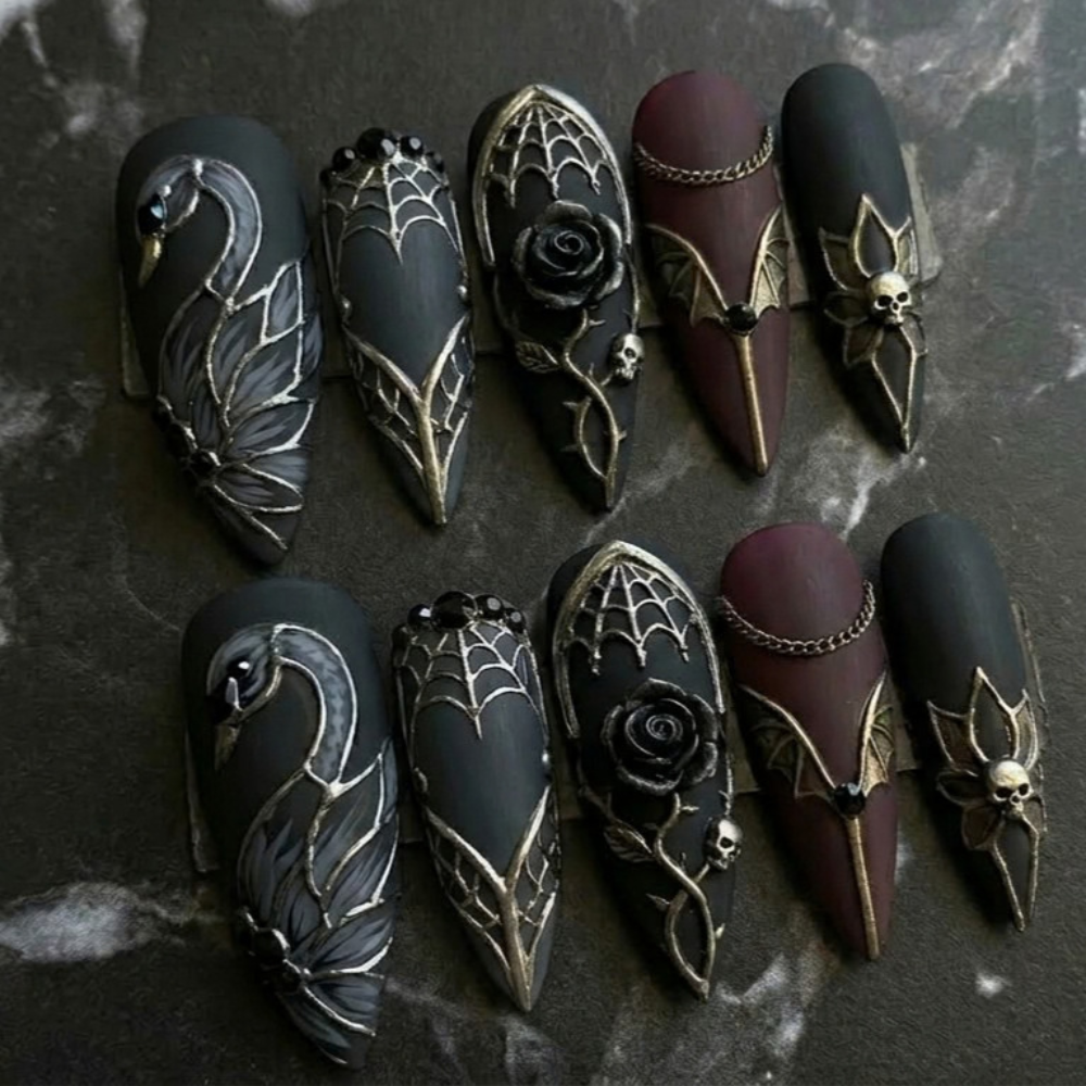 handmade gothic nails, gothic press on nails, press on nails, custom press on nails, fake nails, Nails Art, stained glass nails, gold press on nails, 3d press on nails, luxury press on nails, handmade press on nails