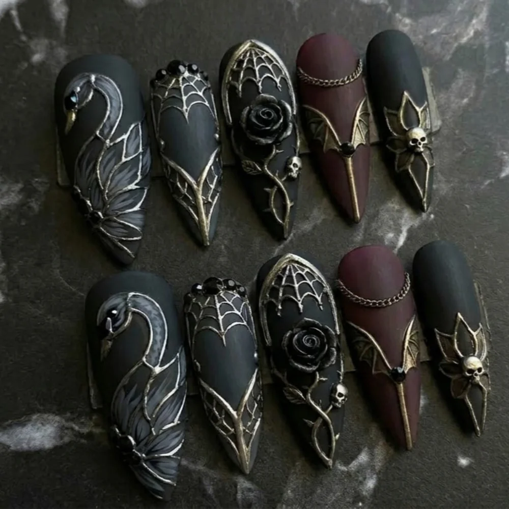 gothic press on nails, luxury black swan, press on nails, custom press on nails, fake nails, Nails Art, stained glass nails, gold press on nails, 3d press on nails, luxury press on nails, handmade press on nails