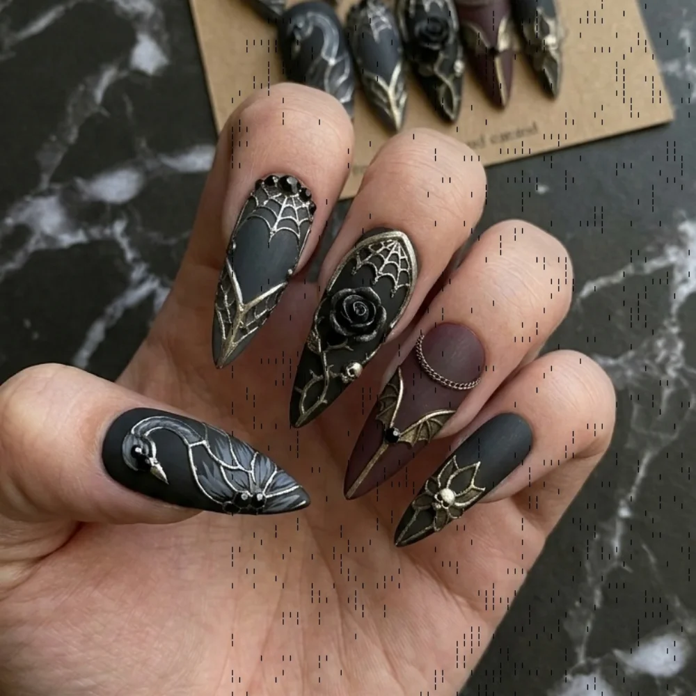 vampire bat wings, 3D art nails, press on nails, custom press on nails, fake nails, Nails Art, stained glass nails, gold press on nails, 3d press on nails, luxury press on nails, handmade press on nails