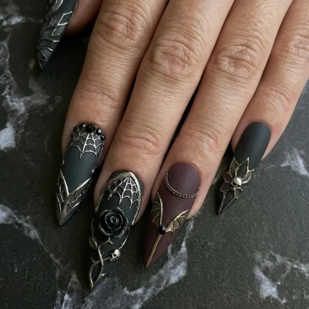 burgundy false nails, custom witchy nails, press on nails, custom press on nails, fake nails, Nails Art, stained glass nails, gold press on nails, 3d press on nails, luxury press on nails, handmade press on nails