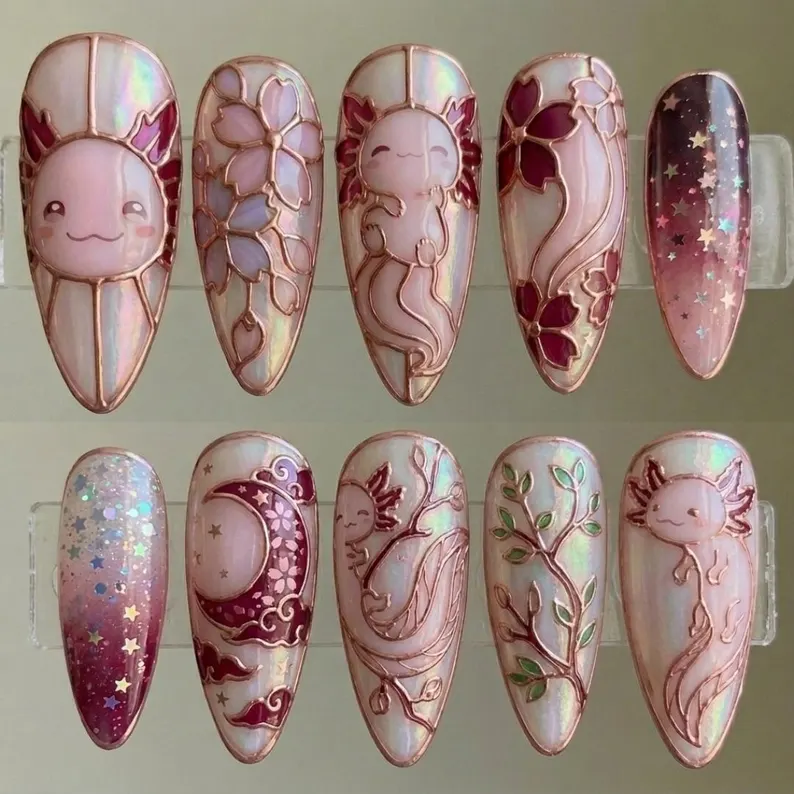 handmade nails, 3D stained glass, press on nails, custom press on nails, fake nails, Nails Art, stained glass nails, gold press on nails, 3d press on nails, luxury press on nails, handmade press on nails
