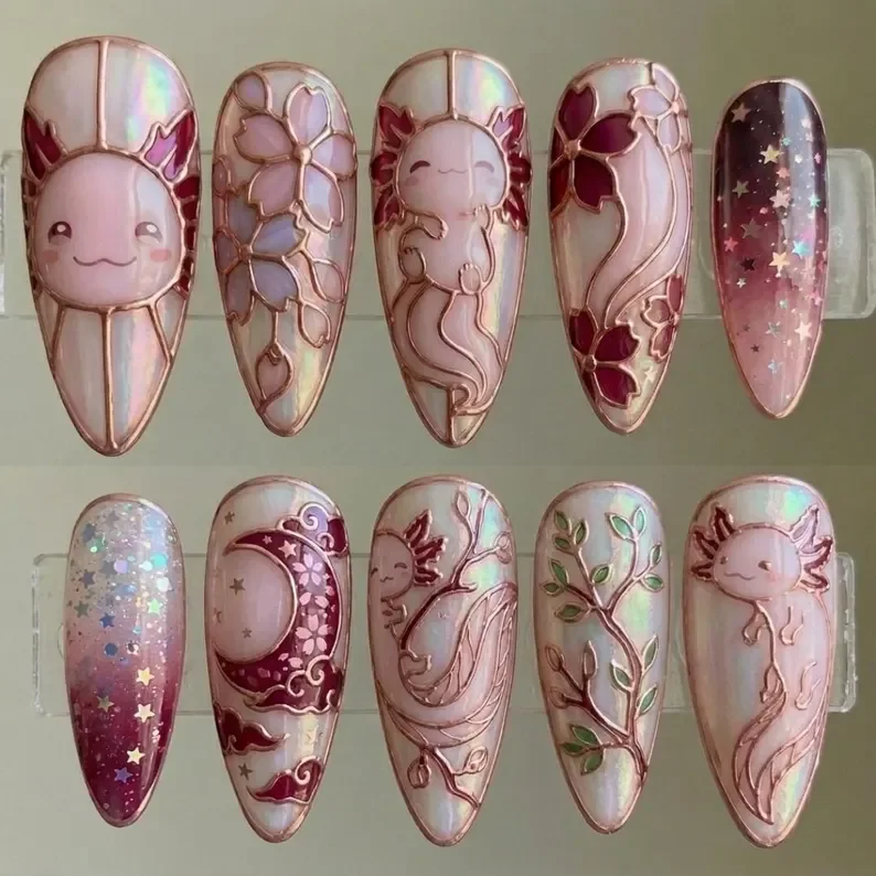 kawaii axolotl nails, press on nails, custom press on nails, fake nails, Nails Art, stained glass nails, gold press on nails, 3d press on nails, luxury press on nails, handmade press on nails