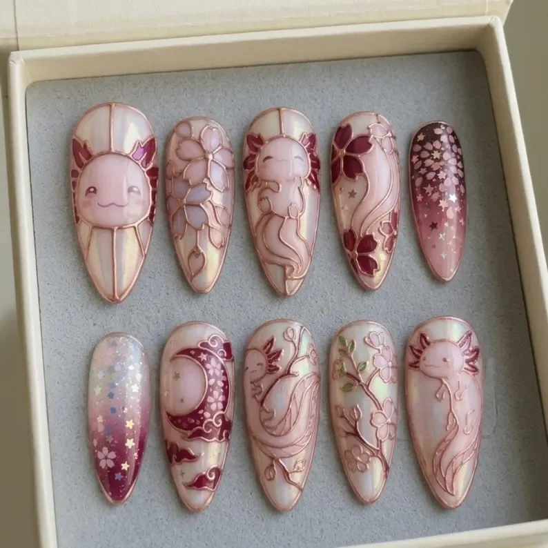 rose gold nails, sakura nails, press on nails, custom press on nails, fake nails, Nails Art, stained glass nails, gold press on nails, 3d press on nails, luxury press on nails, handmade press on nails
