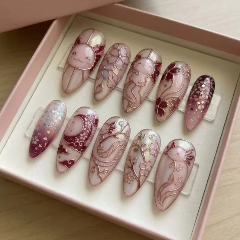 kawaii axolotl nails, press on nails, custom press on nails, fake nails, Nails Art, stained glass nails, gold press on nails, 3d press on nails, luxury press on nails, handmade press on nails