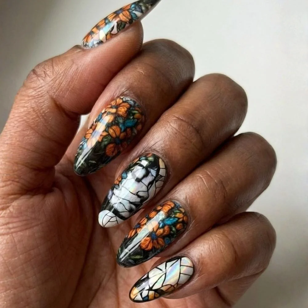 moody floral nails, stained glass nails, press on nails, custom press on nails, fake nails, Nails Art, gold press on nails, 3d press on nails, luxury press on nails, handmade press on nails