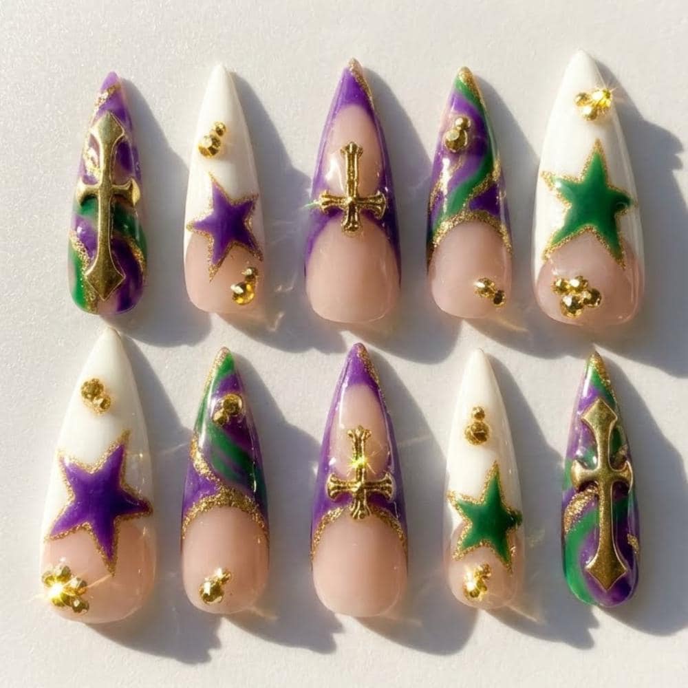 handmade press on nails, Mardi Gras nails, press on nails, custom press on nails, fake nails, Nails Art, stained glass nails, gold press on nails, 3d press on nails, luxury press on nails