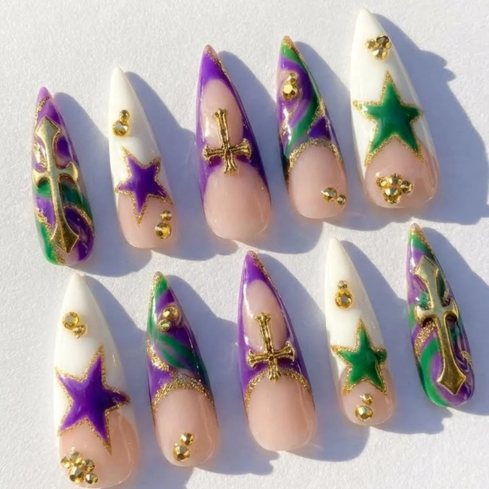 gold cross charms, star charms, press on nails, custom press on nails, fake nails, Nails Art, stained glass nails, gold press on nails, 3d press on nails, luxury press on nails, handmade press on nails