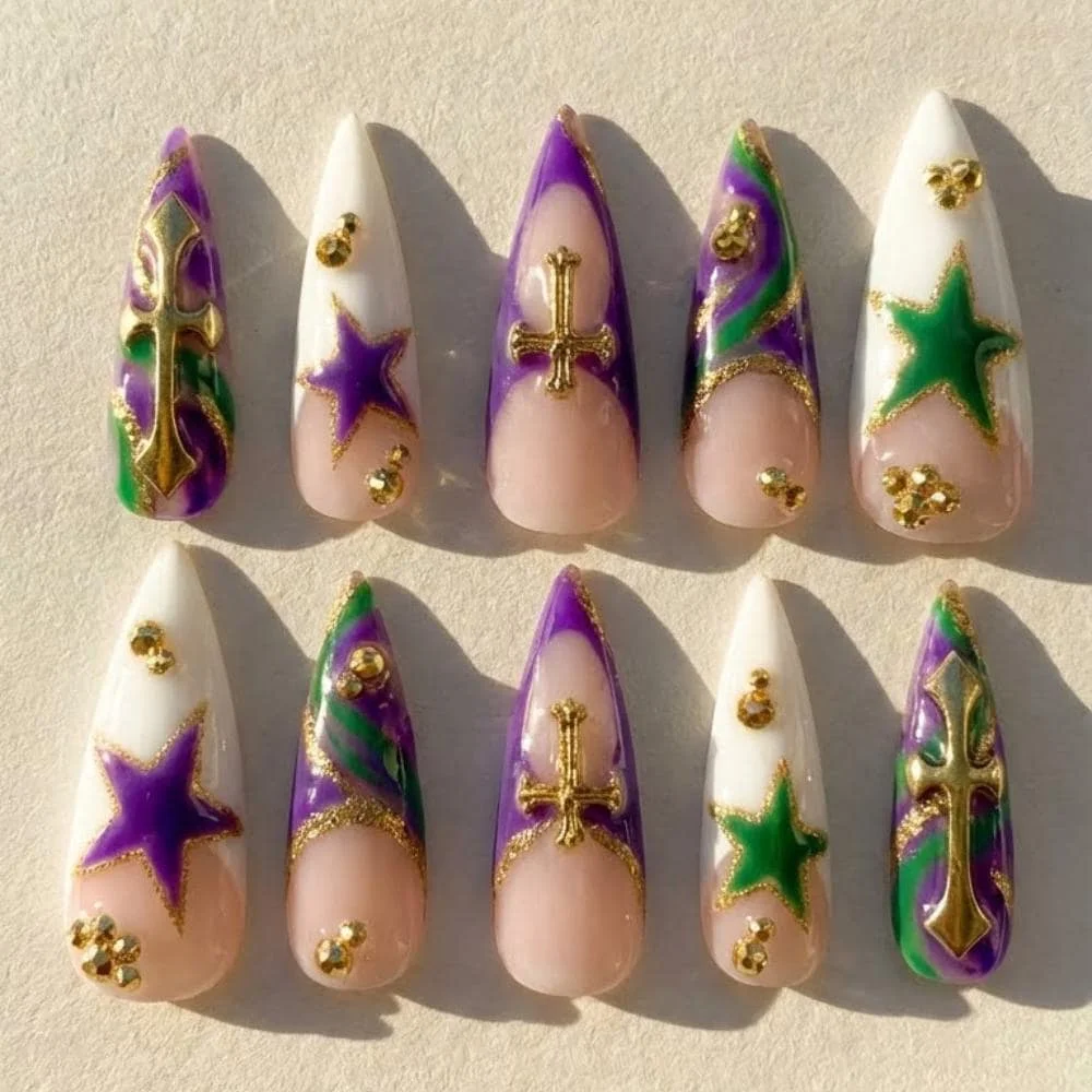charm nail set, Mardi Gras accessories, press on nails, custom press on nails, fake nails, Nails Art, stained glass nails, gold press on nails, 3d press on nails, luxury press on nails, handmade press on nails