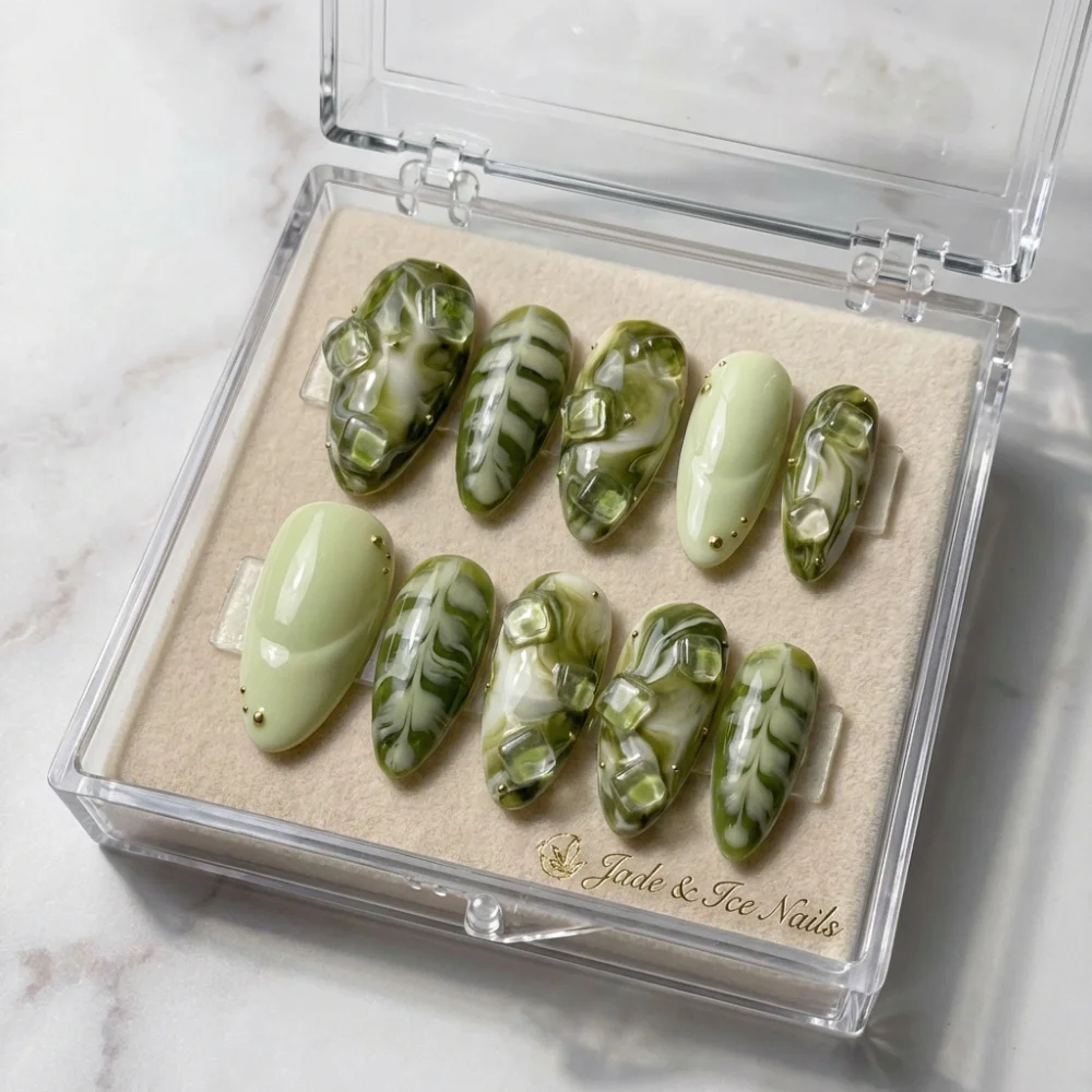leaf latte art, sage green nails, press on nails, custom press on nails, fake nails, Nails Art, stained glass nails, gold press on nails, 3d press on nails, luxury press on nails, handmade press on nails