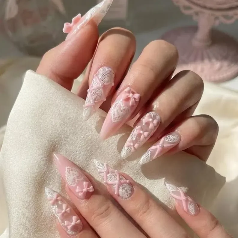 lace corset, pink bow nails, press on nails, custom press on nails, fake nails, Nails Art, stained glass nails, gold press on nails, 3d press on nails, luxury press on nails, handmade press on nails
