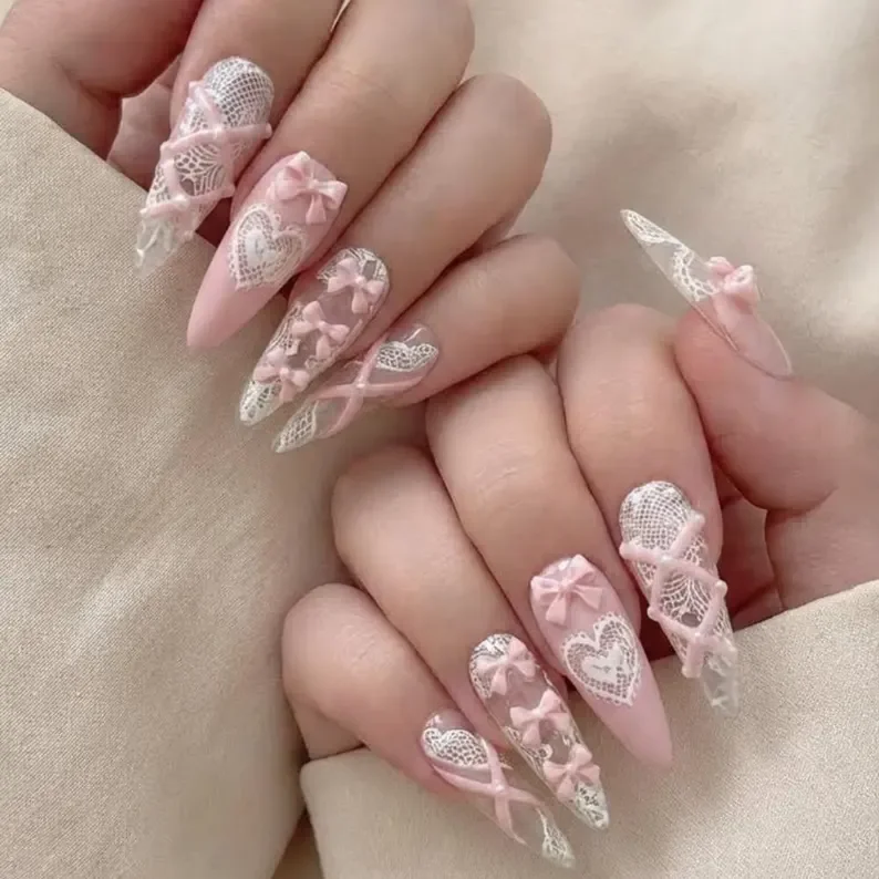 handmade pink bow, press on nails, custom press on nails, fake nails, Nails Art, stained glass nails, gold press on nails, 3d press on nails, luxury press on nails, handmade press on nails