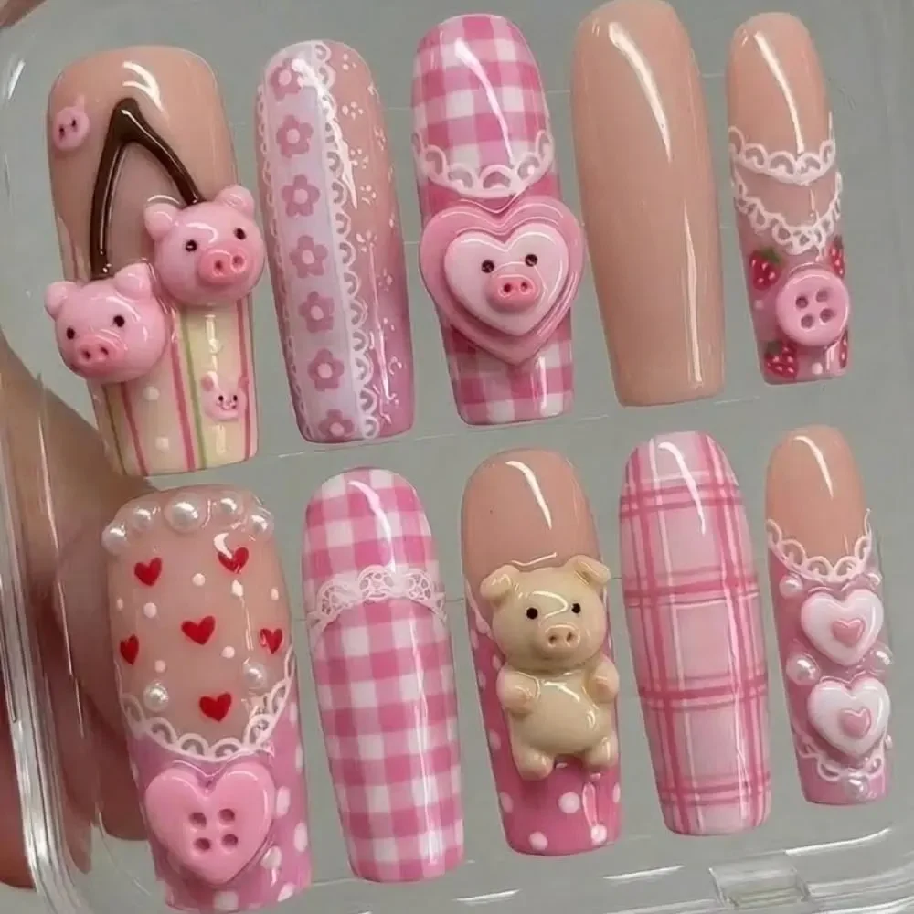 handmade pink nails, piggy press on nails, press on nails, custom press on nails, fake nails, Nails Art, stained glass nails, gold press on nails, 3d press on nails, luxury press on nails, handmade press on nails