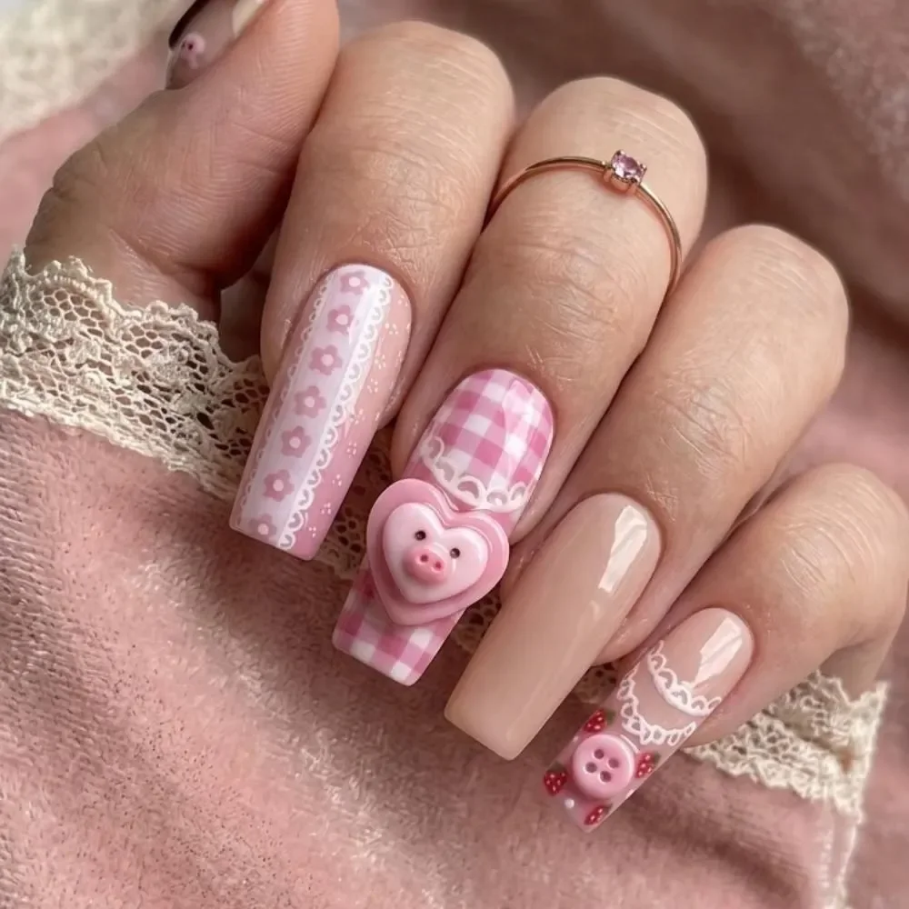 kawaii gingham design, lace false nails, press on nails, custom press on nails, fake nails, Nails Art, stained glass nails, gold press on nails, 3d press on nails, luxury press on nails, handmade press on nails