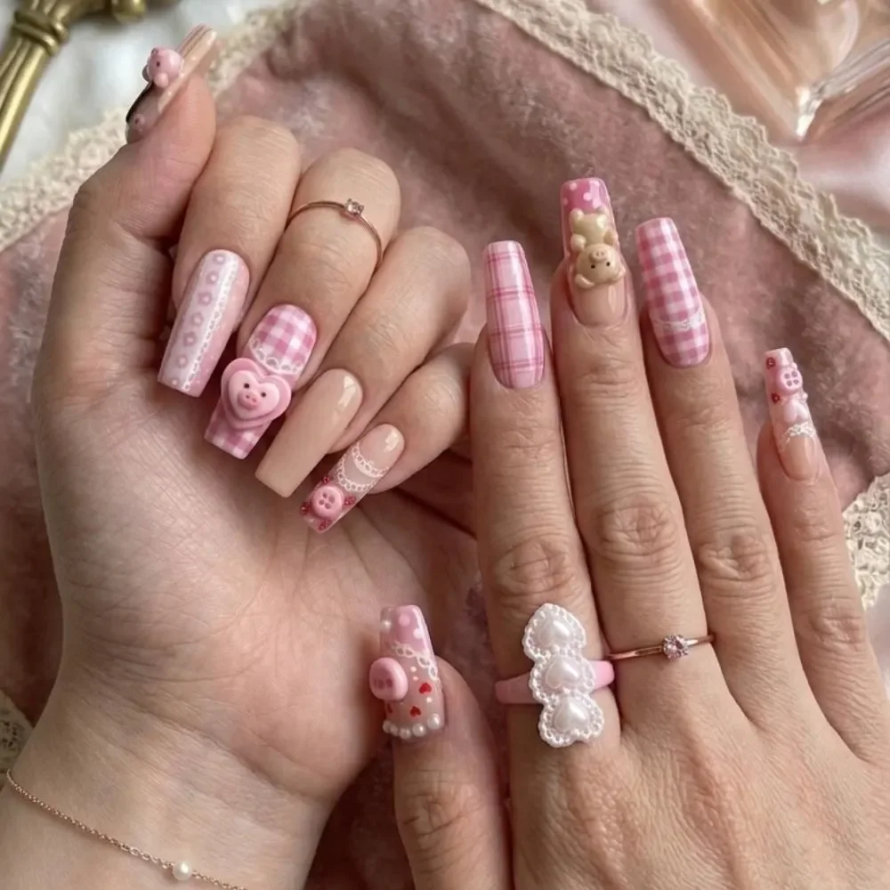 coquette style nails, pink gingham nails, press on nails, custom press on nails, fake nails, Nails Art, stained glass nails, gold press on nails, 3d press on nails, luxury press on nails, handmade press on nails