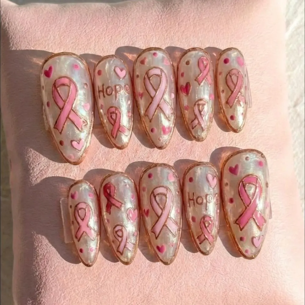 handmade pink ribbon, press on nails, custom press on nails, fake nails, Nails Art, stained glass nails, gold press on nails, 3d press on nails, luxury press on nails, handmade press on nails