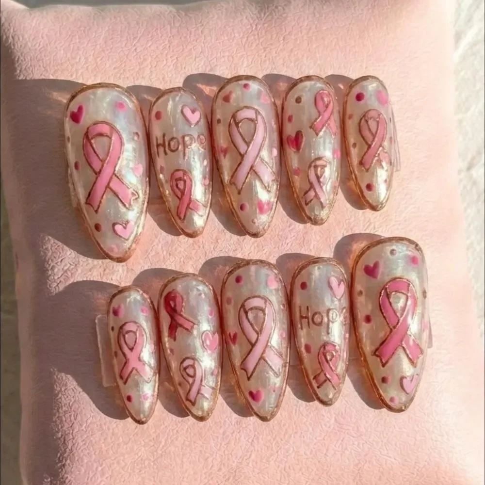 handmade pink ribbon, press on nails, custom press on nails, fake nails, Nails Art, stained glass nails, gold press on nails, 3d press on nails, luxury press on nails, handmade press on nails