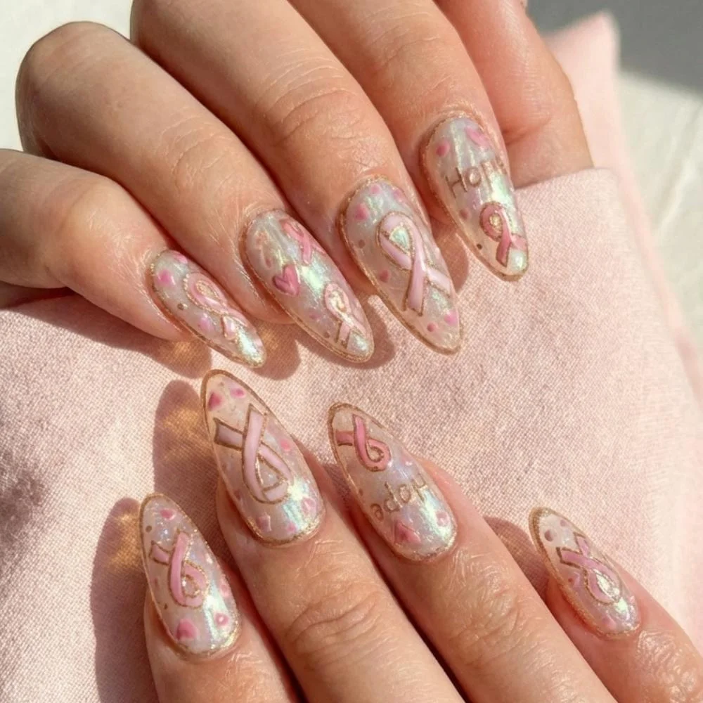 reusable nails, pink ribbon nails, press on nails, custom press on nails, fake nails, Nails Art, stained glass nails, gold press on nails, 3d press on nails, luxury press on nails, handmade press on nails