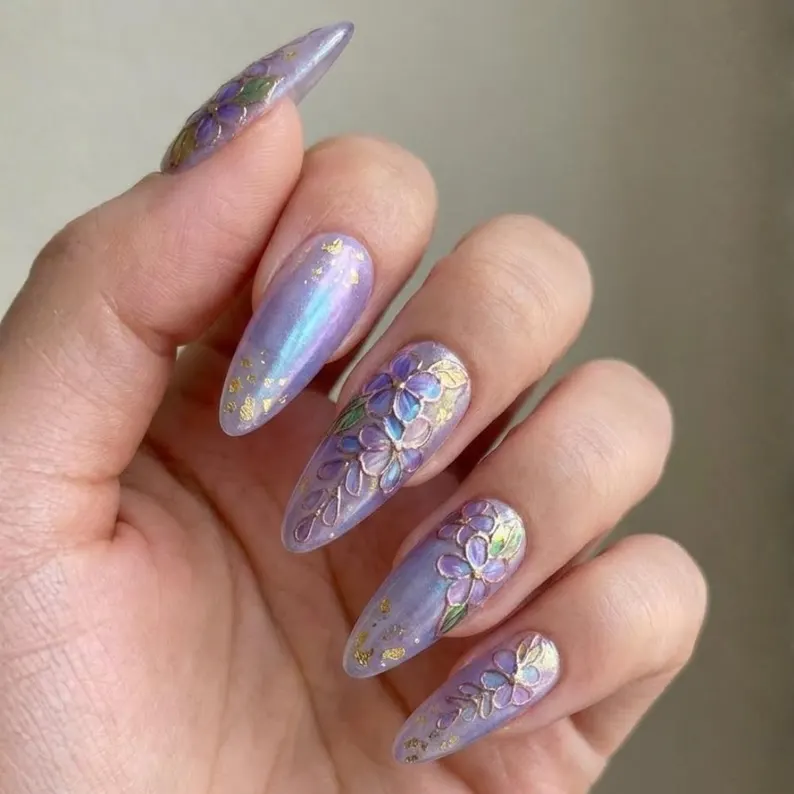 handmade purple wisteria, press on nails, custom press on nails, fake nails, Nails Art, stained glass nails, gold press on nails, 3d press on nails, luxury press on nails, handmade press on nails