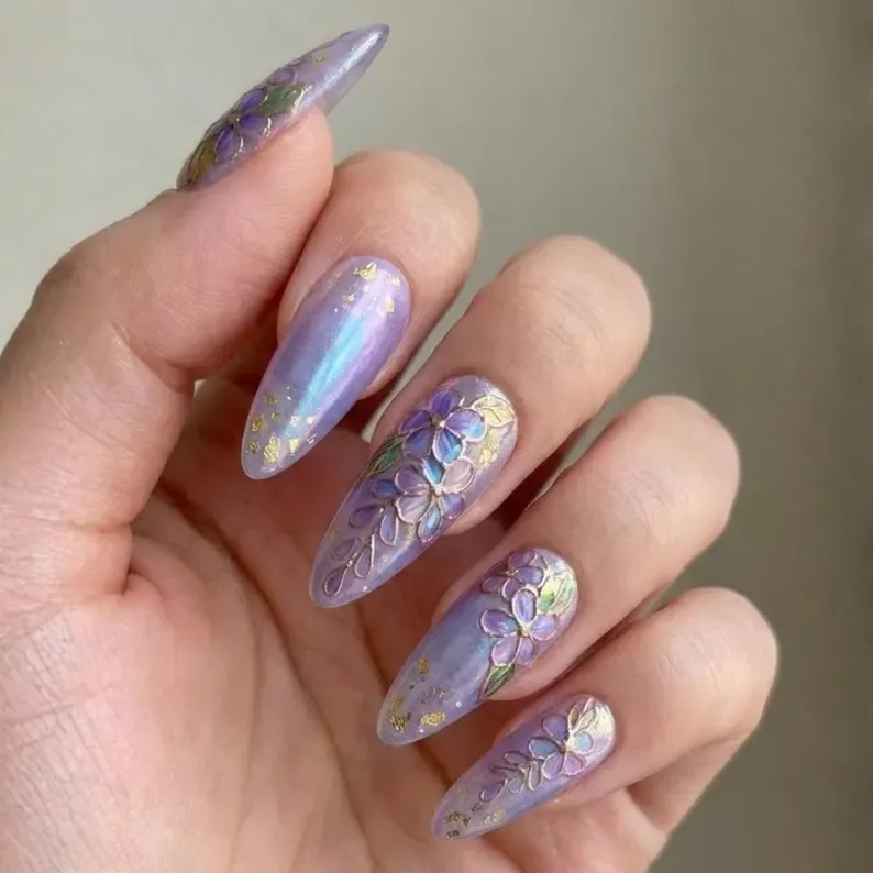 handmade purple wisteria, press on nails, custom press on nails, fake nails, Nails Art, stained glass nails, gold press on nails, 3d press on nails, luxury press on nails, handmade press on nails
