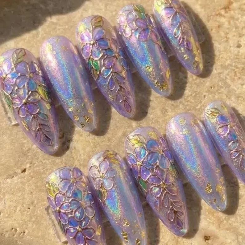 wisteria nail design, purple press ons, press on nails, custom press on nails, fake nails, Nails Art, stained glass nails, gold press on nails, 3d press on nails, luxury press on nails, handmade press on nails
