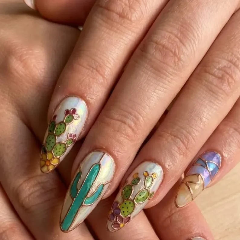 cactus nail set, iridescent desert, press on nails, custom press on nails, fake nails, Nails Art, stained glass nails, gold press on nails, 3d press on nails, luxury press on nails, handmade press on nails