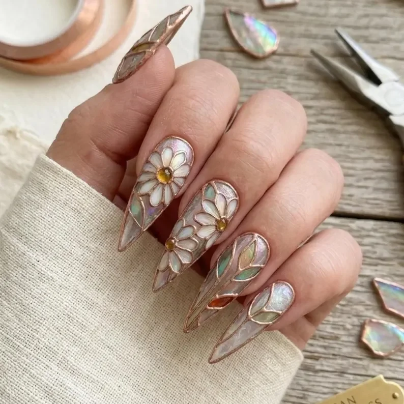 iridescent floral, floral art nails, press on nails, custom press on nails, fake nails, Nails Art, stained glass nails, gold press on nails, 3d press on nails, luxury press on nails, handmade press on nails