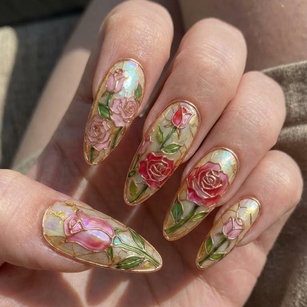 handmade stained glass, rose press on nails, press on nails, custom press on nails, fake nails, Nails Art, stained glass nails, gold press on nails, 3d press on nails, luxury press on nails, handmade press on nails