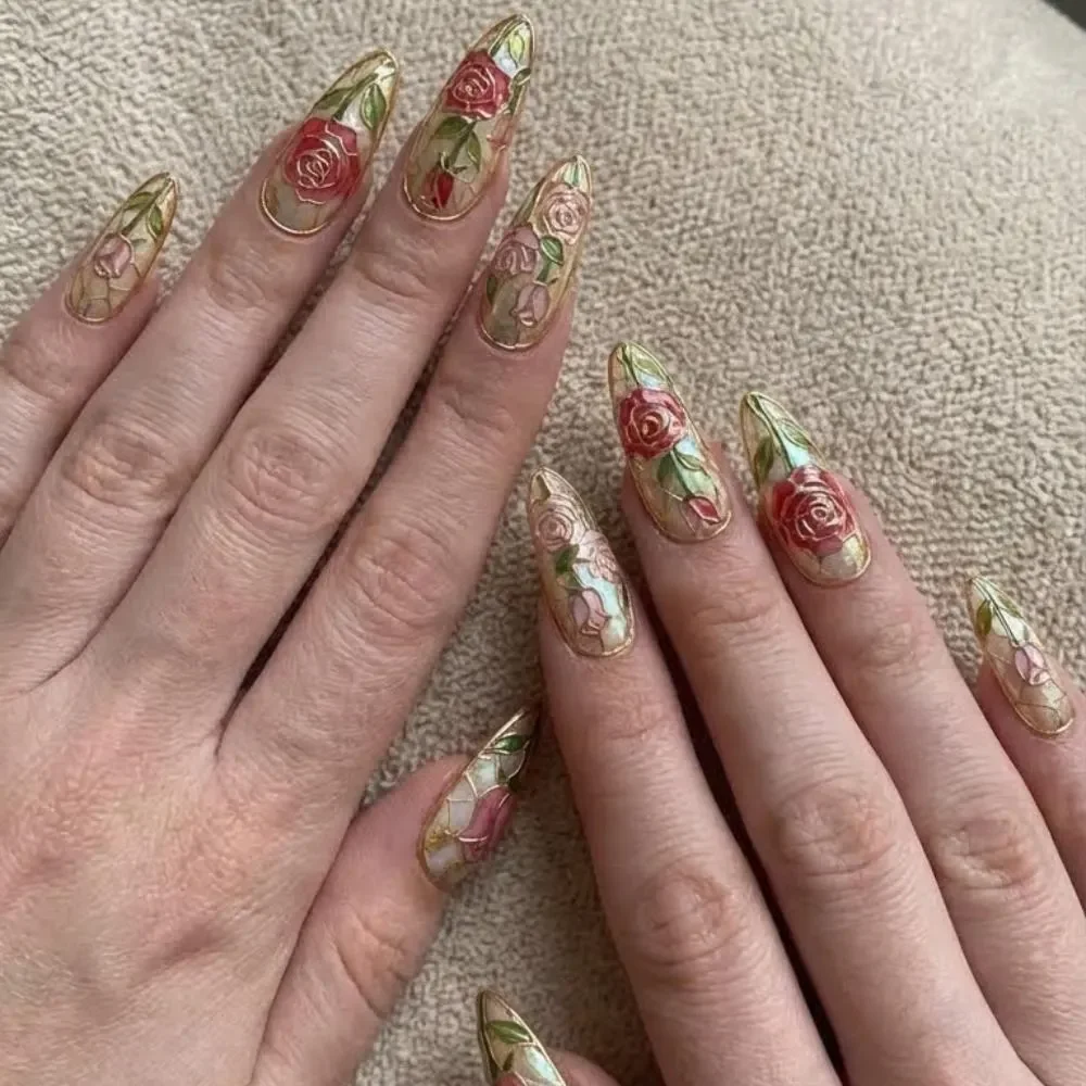 stained glass nails, art nouveau nails, press on nails, custom press on nails, fake nails, Nails Art, gold press on nails, 3d press on nails, luxury press on nails, handmade press on nails