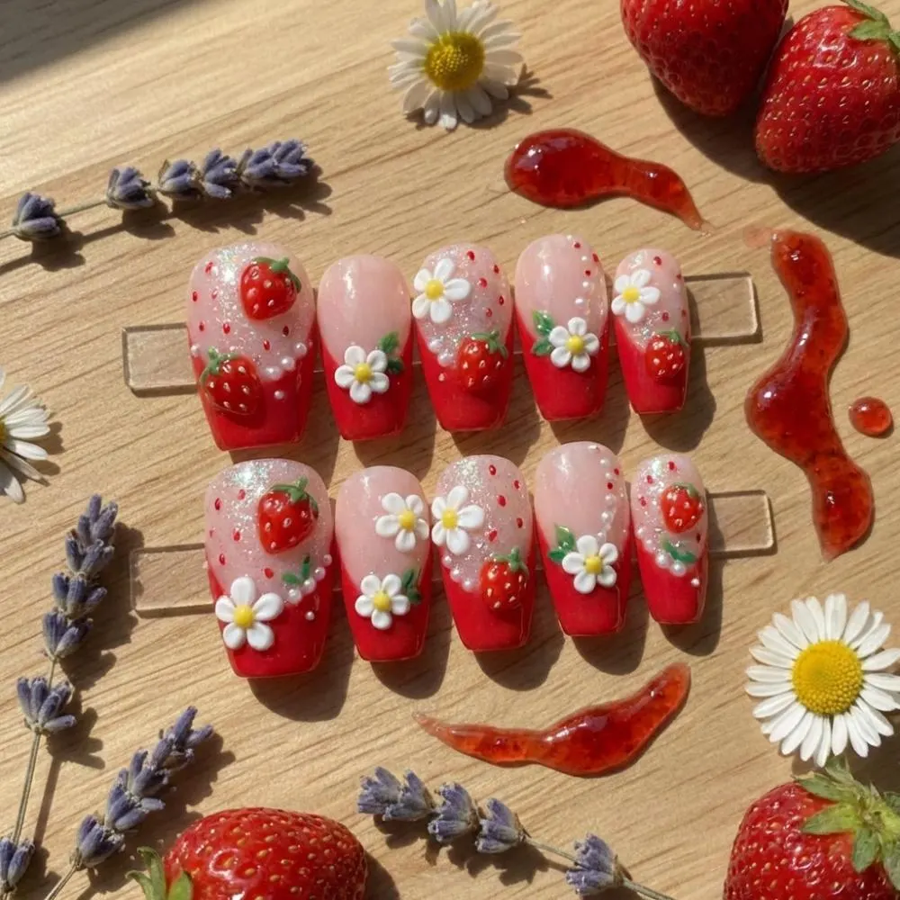 handmade strawberry press, 3D fruit nails, press on nails, custom press on nails, fake nails, Nails Art, stained glass nails, gold press on nails, 3d press on nails, luxury press on nails, handmade press on nails