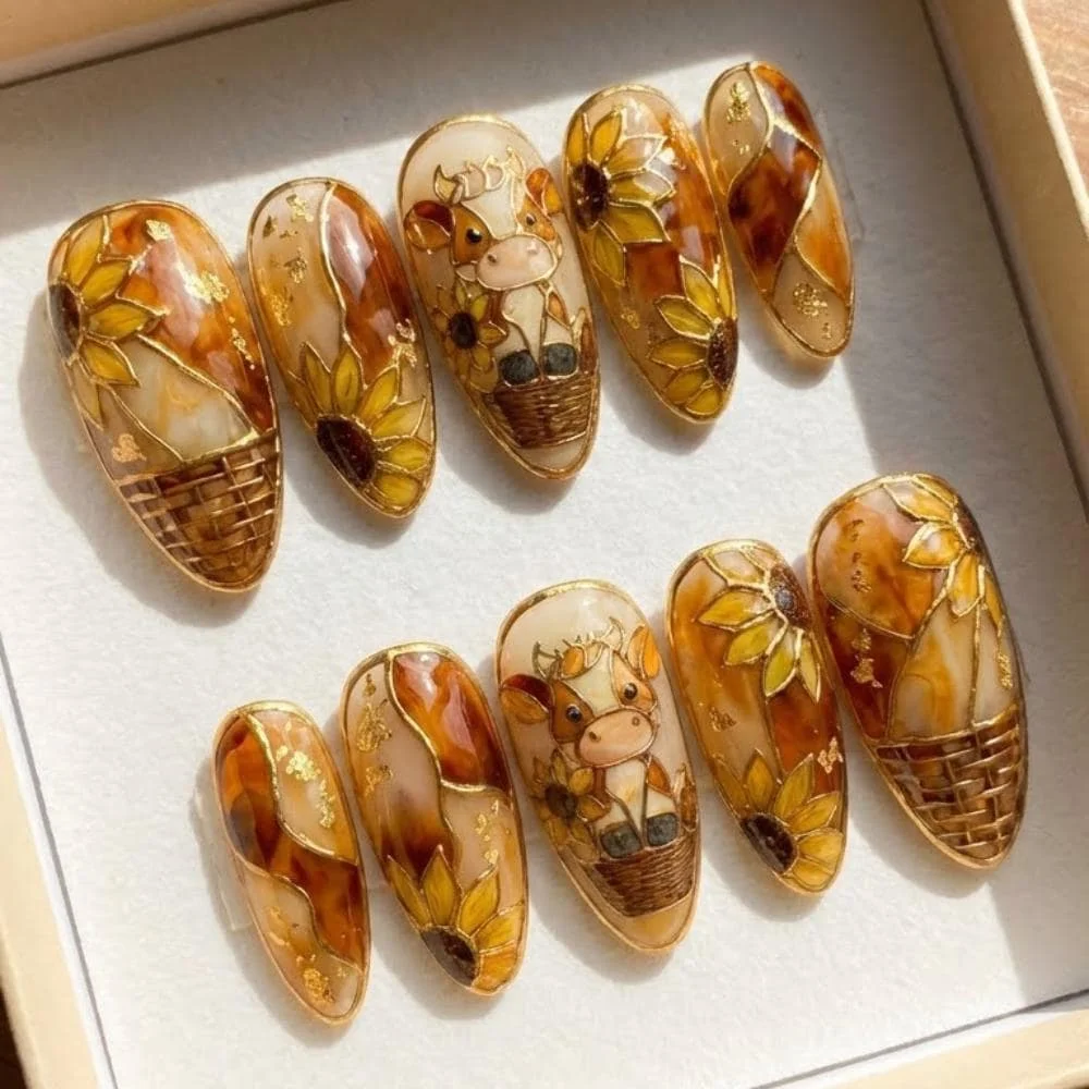 handmade sunflower nails, cow press on nails, press on nails, custom press on nails, fake nails, Nails Art, stained glass nails, gold press on nails, 3d press on nails, luxury press on nails, handmade press on nails