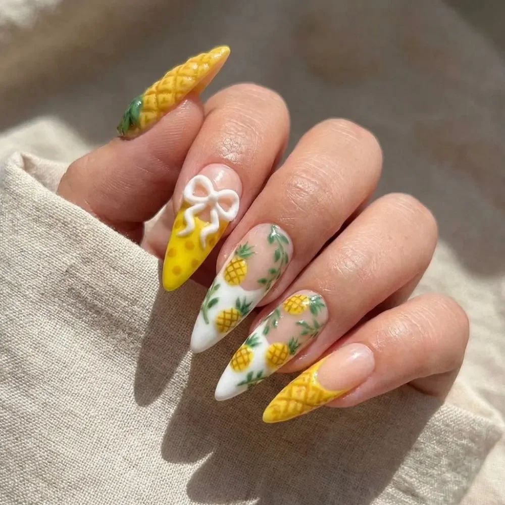 handmade pineapple press, tropical pineapple nails, press on nails, custom press on nails, fake nails, Nails Art, stained glass nails, gold press on nails, 3d press on nails, luxury press on nails, handmade press on nails