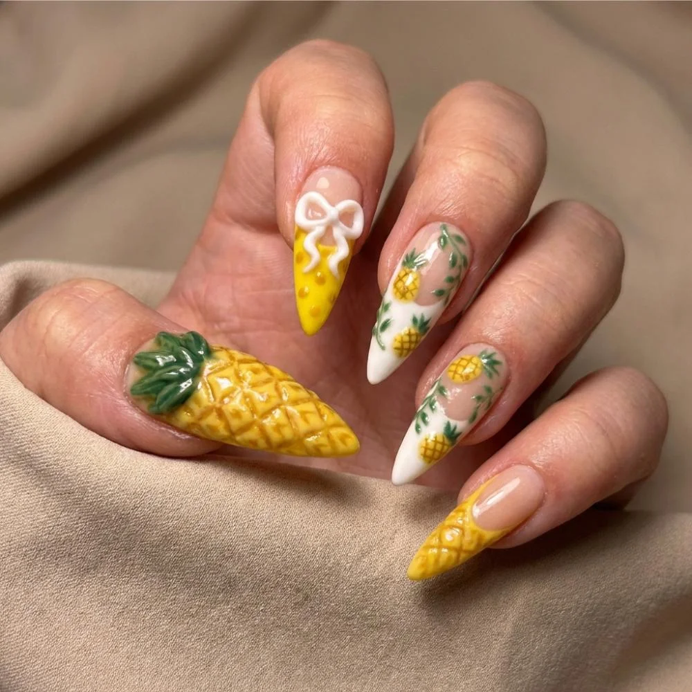 stiletto press on nails, pineapple nail art, press on nails, custom press on nails, fake nails, Nails Art, stained glass nails, gold press on nails, 3d press on nails, luxury press on nails, handmade press on nails