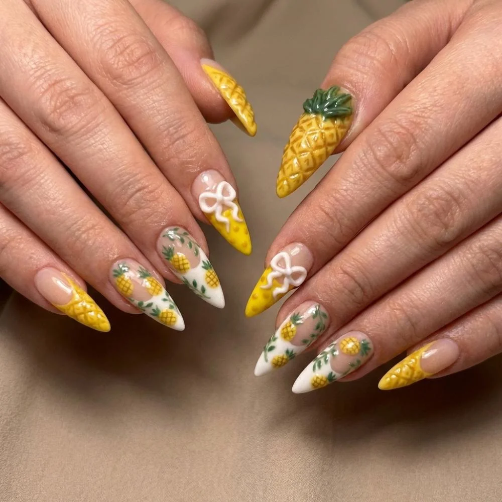 tropical fruit design, handmade nail set, press on nails, custom press on nails, fake nails, Nails Art, stained glass nails, gold press on nails, 3d press on nails, luxury press on nails, handmade press on nails
