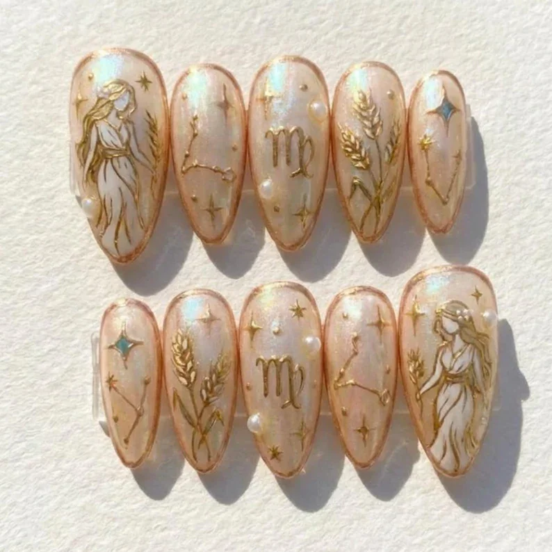 Virgo zodiac nails, Almond press on, press on nails, custom press on nails, fake nails, Nails Art, stained glass nails, gold press on nails, 3d press on nails, luxury press on nails, handmade press on nails