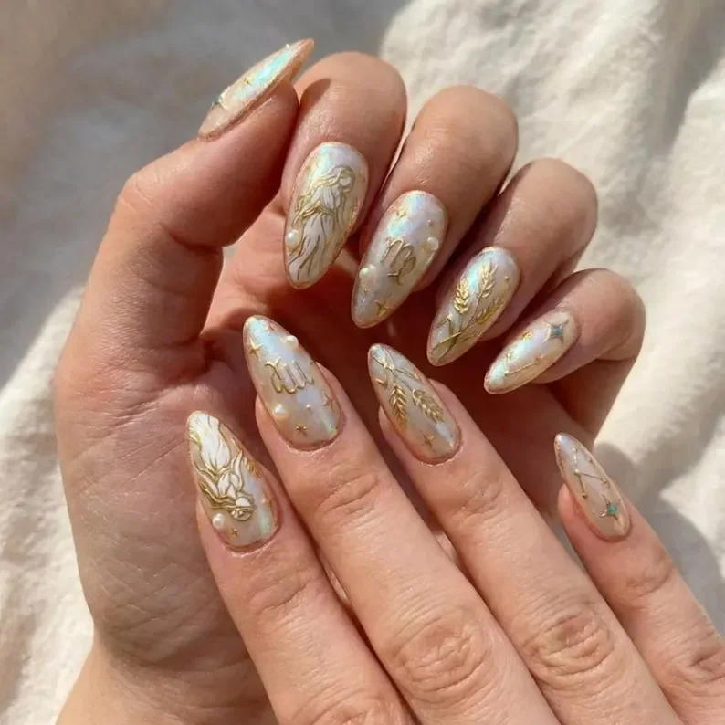 Gold 3D nails, Celestial astrology, press on nails, custom press on nails, fake nails, Nails Art, stained glass nails, gold press on nails, 3d press on nails, luxury press on nails, handmade press on nails