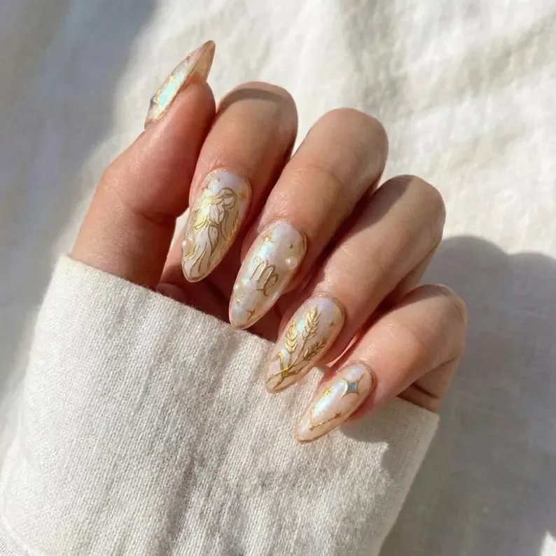 Zodiac false nails, Gold celestial nails, press on nails, custom press on nails, fake nails, Nails Art, stained glass nails, gold press on nails, 3d press on nails, luxury press on nails, handmade press on nails