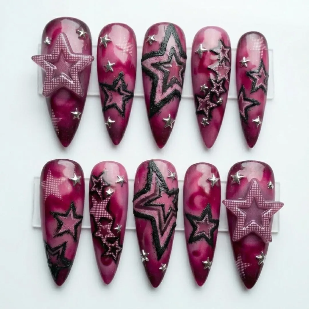 handmade y2k nails, magenta star nails, press on nails, custom press on nails, fake nails, Nails Art, stained glass nails, gold press on nails, 3d press on nails, luxury press on nails, handmade press on nails