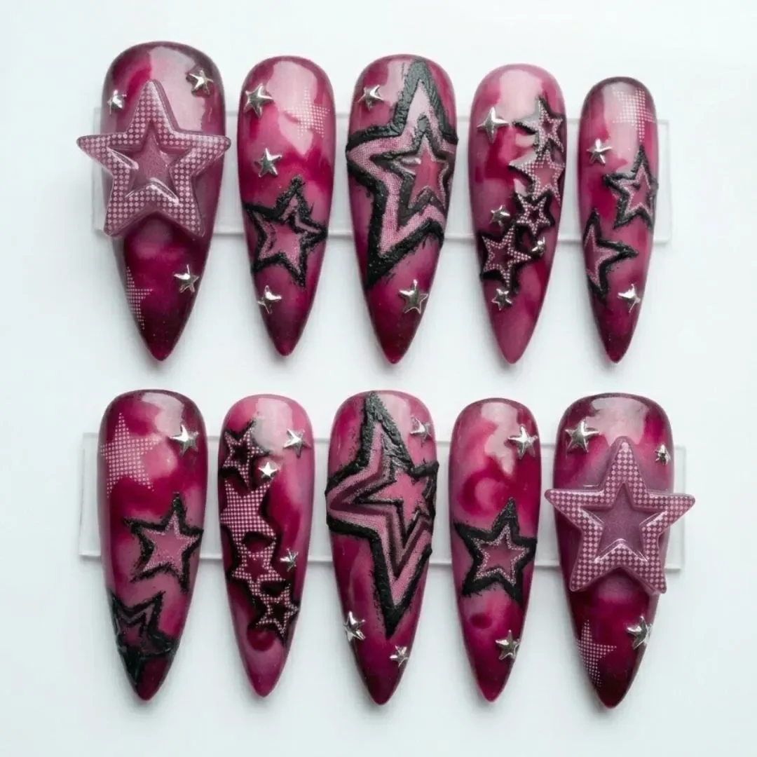 handmade y2k nails, magenta star nails, press on nails, custom press on nails, fake nails, Nails Art, stained glass nails, gold press on nails, 3d press on nails, luxury press on nails, handmade press on nails